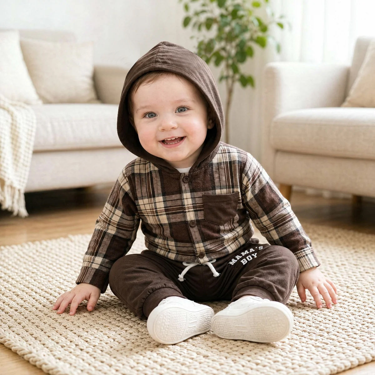 2PCS Mama's Boy Letter Plaid Print Long Sleeve Hoodie Baby Set