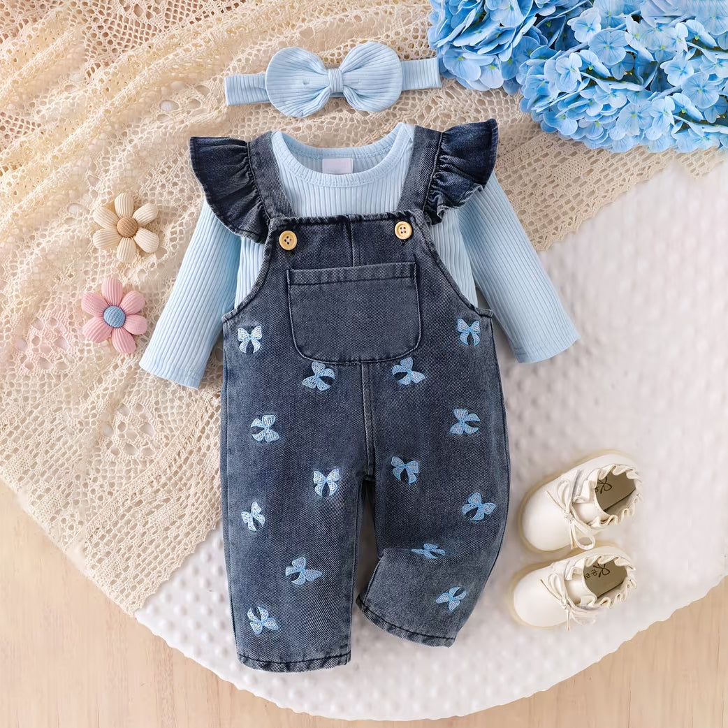 3PCS Sweet Bow Embroidery Overalls Denim Baby Set