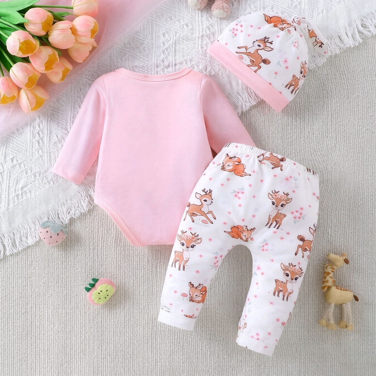 3PCS Cute Little Deer Floral Print Long Sleeve Baby Set
