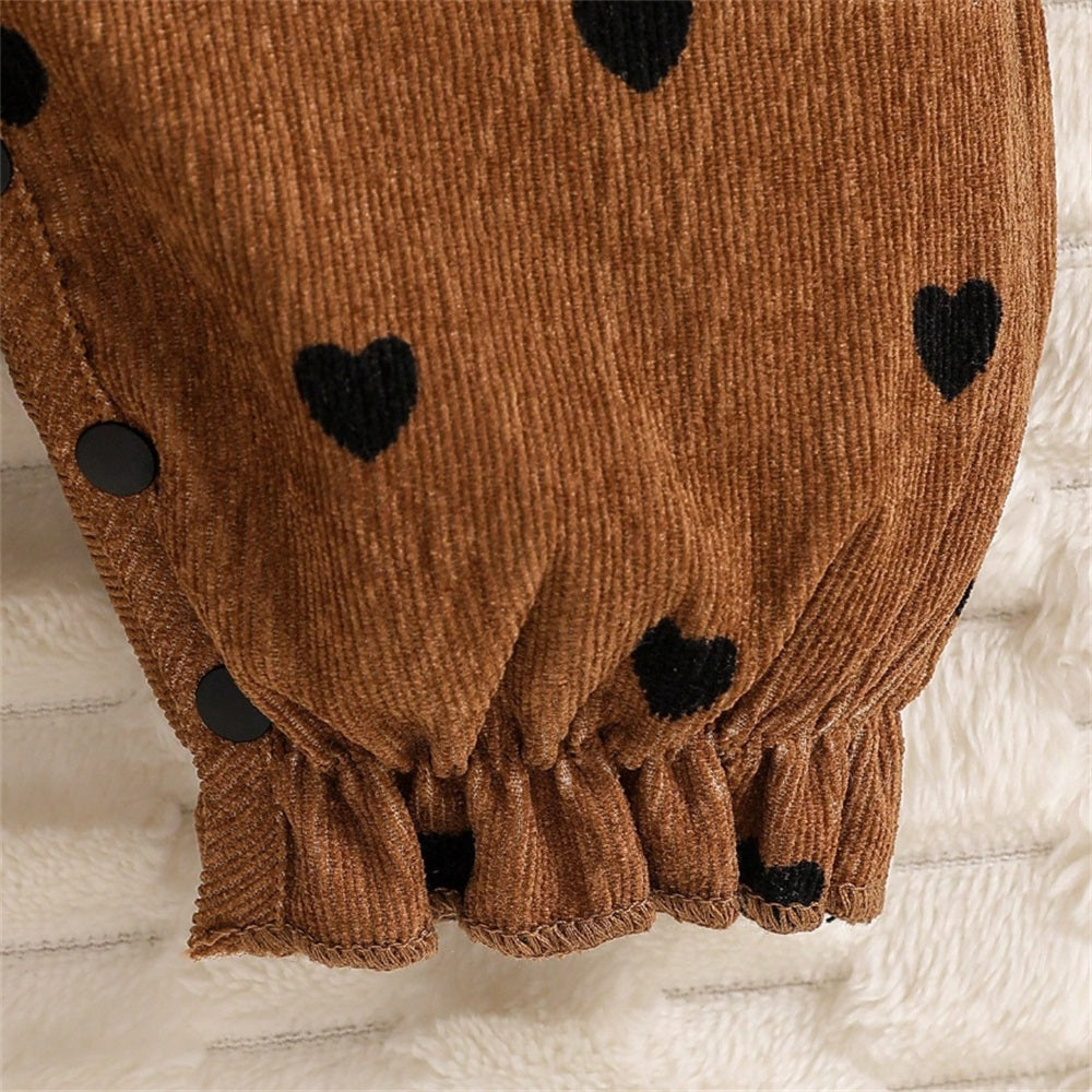 Heart Print Ruffle Trim Long Sleeve Patchwork Baby Jumpsuit