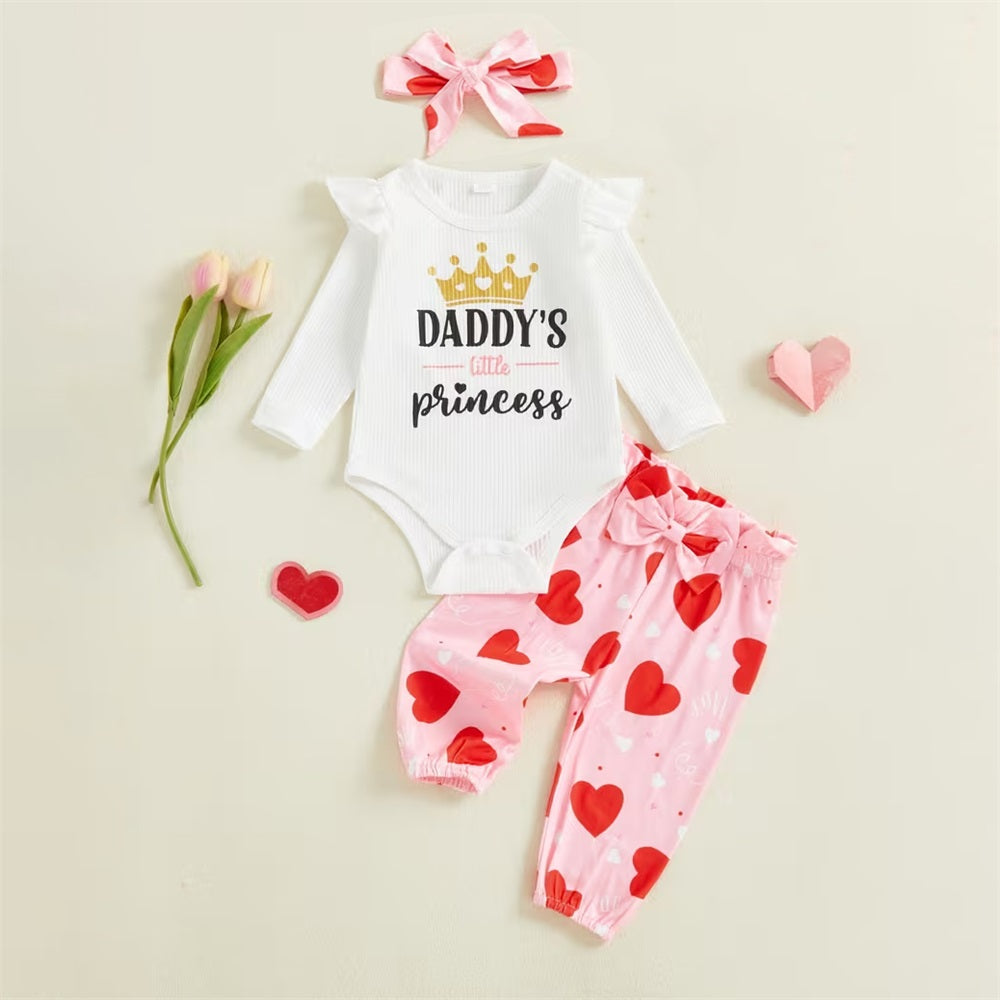 3PCS Daddy's Little Princess Letter Heart Print Long Sleeve Baby Set