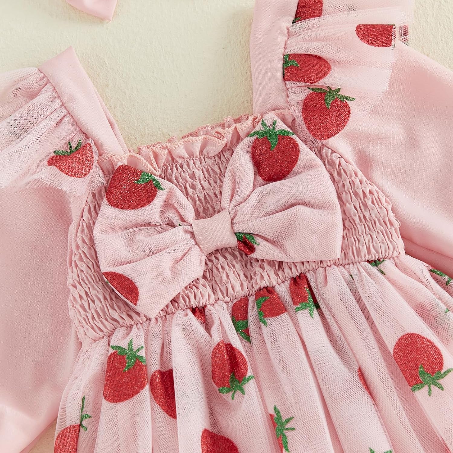 2PCS Pretty Strawberry Print Tulle Long Sleeve Baby Romper