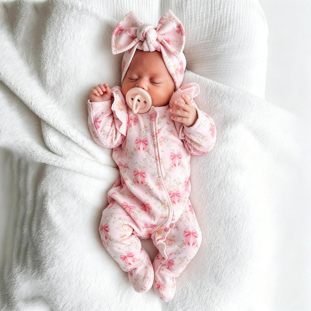 2PCS Delightful Floral Bow Print Zipper Long Sleeve Baby Jumpsuit