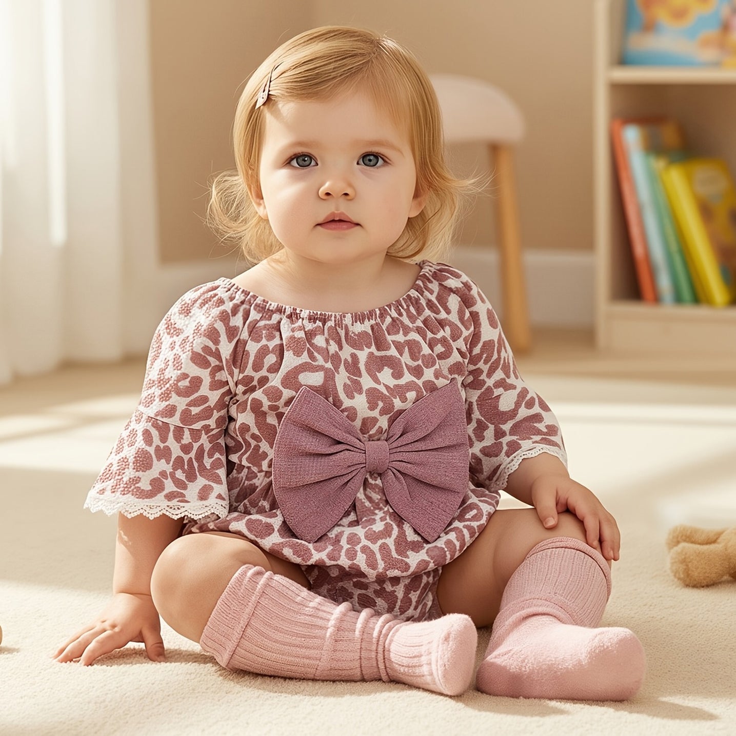 Cheerful Leopard Printed Bow Baby Girl Romper