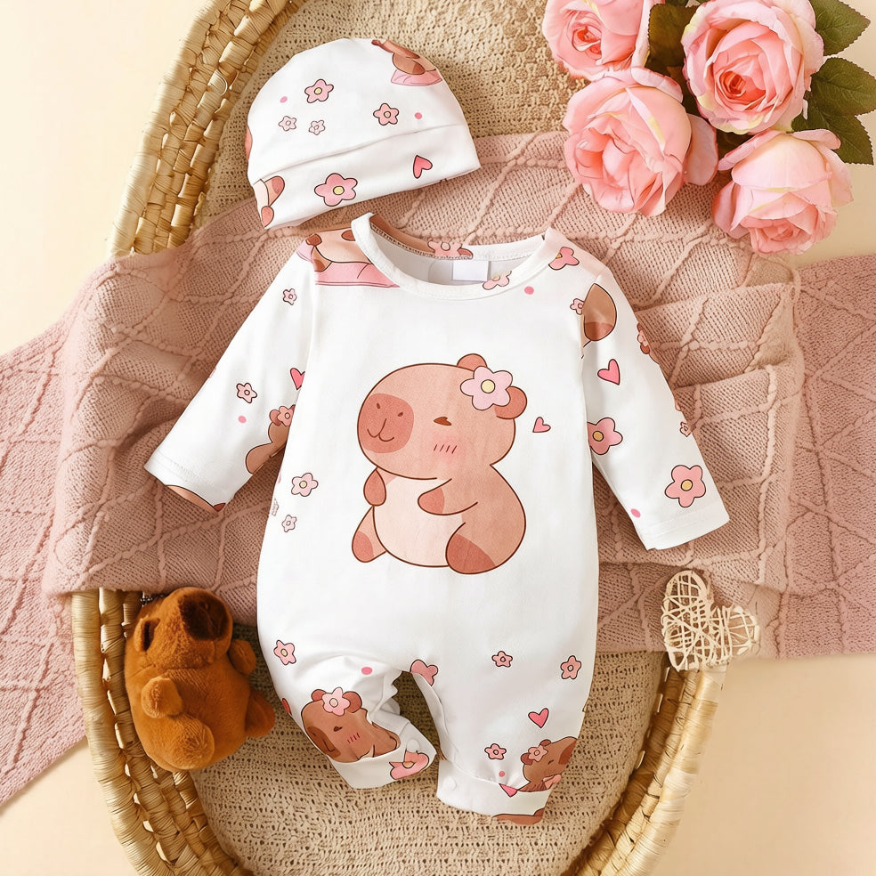 2PCS Lovely Capybara and Floral Print Long Sleeve Baby Jumpsuit