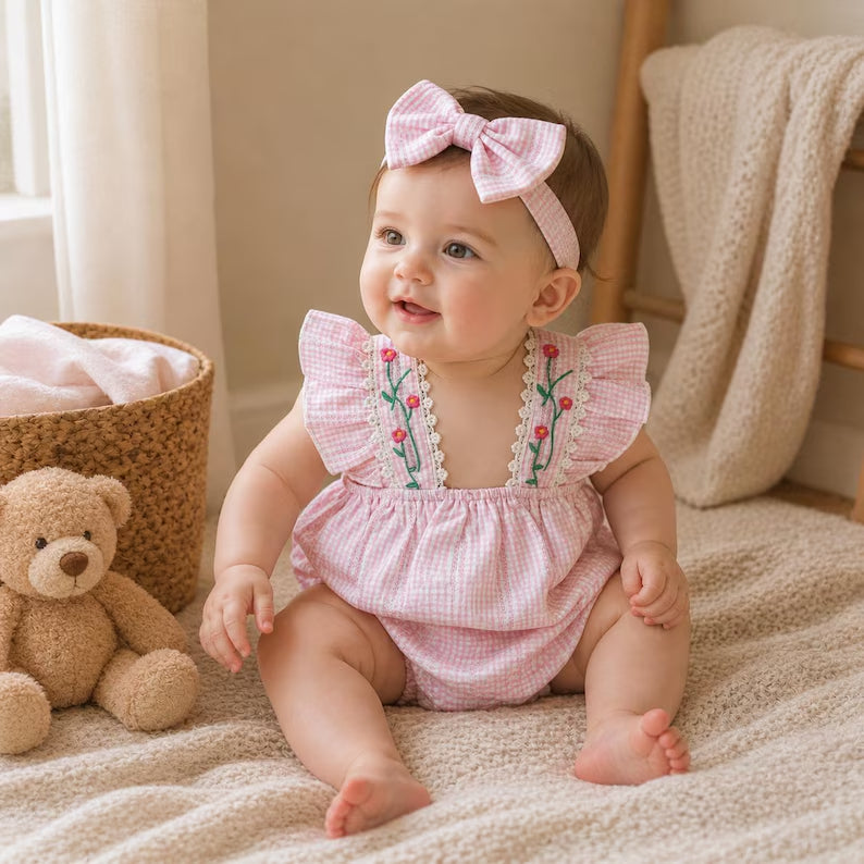 2PCS Lovely Floral Embroidery Flutter Sleeve Baby Romper
