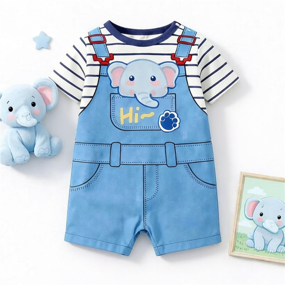 Stylish Elephant Stripe Print Short Sleeve Baby Jumpsuit