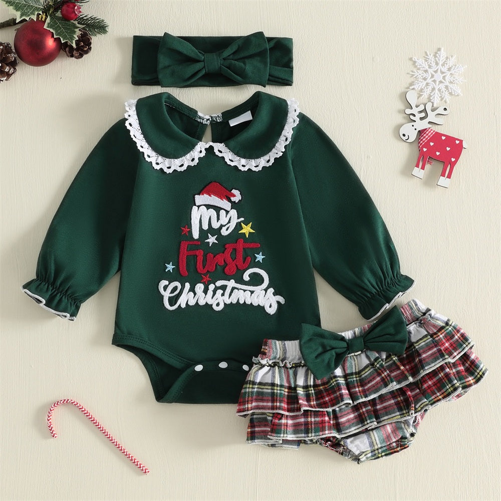 3PCS My First Christmas Letter Embroidered Plaid Printed Baby Set