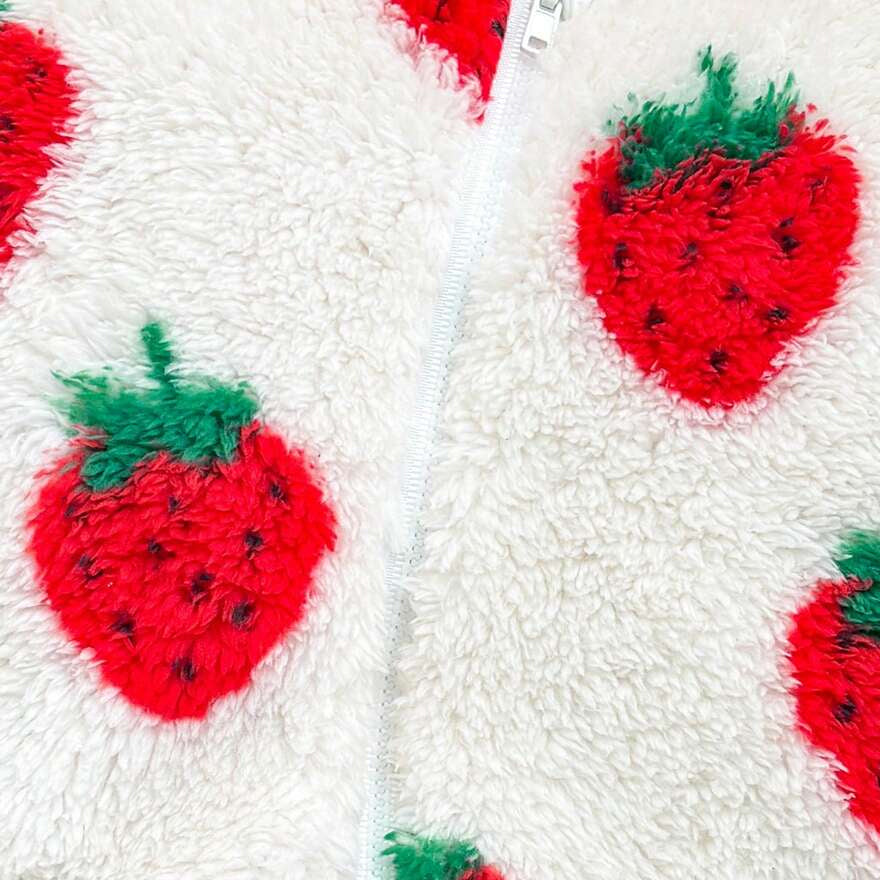Cute Strawberry Printed Zipper Long Sleeve Fleece Baby Hooded Jumpsuit