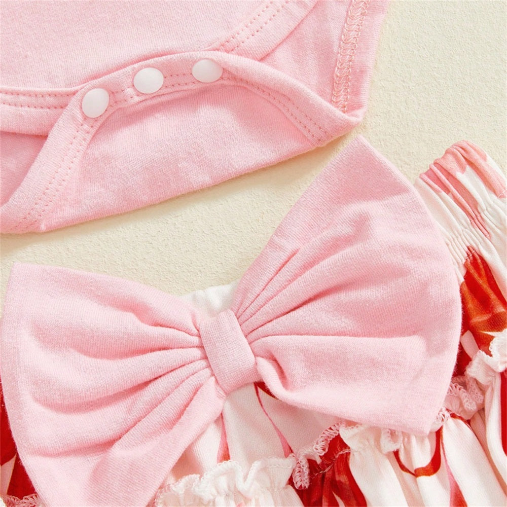 3PCS My First Valentine Letter Embroidery Bow Print Baby Set