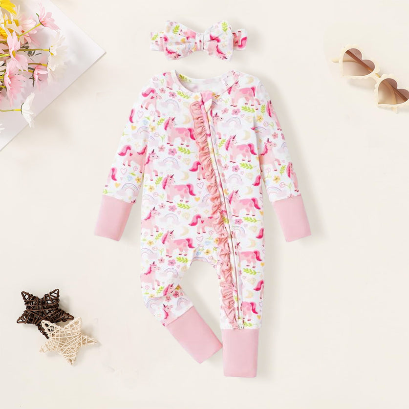 2PCS Grace Pony Printed Zipper Bamboo Viscose Baby Jumpsuit