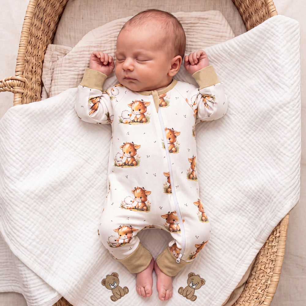 Lovely Cow and Duck Printed Long Sleeve Zipper Baby Jumpsuit