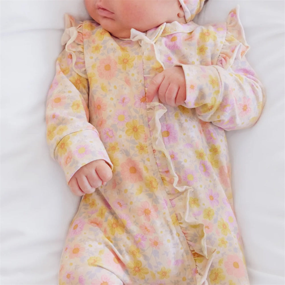 Allover Floral Print Frill Long Sleeve Baby Jumpsuit