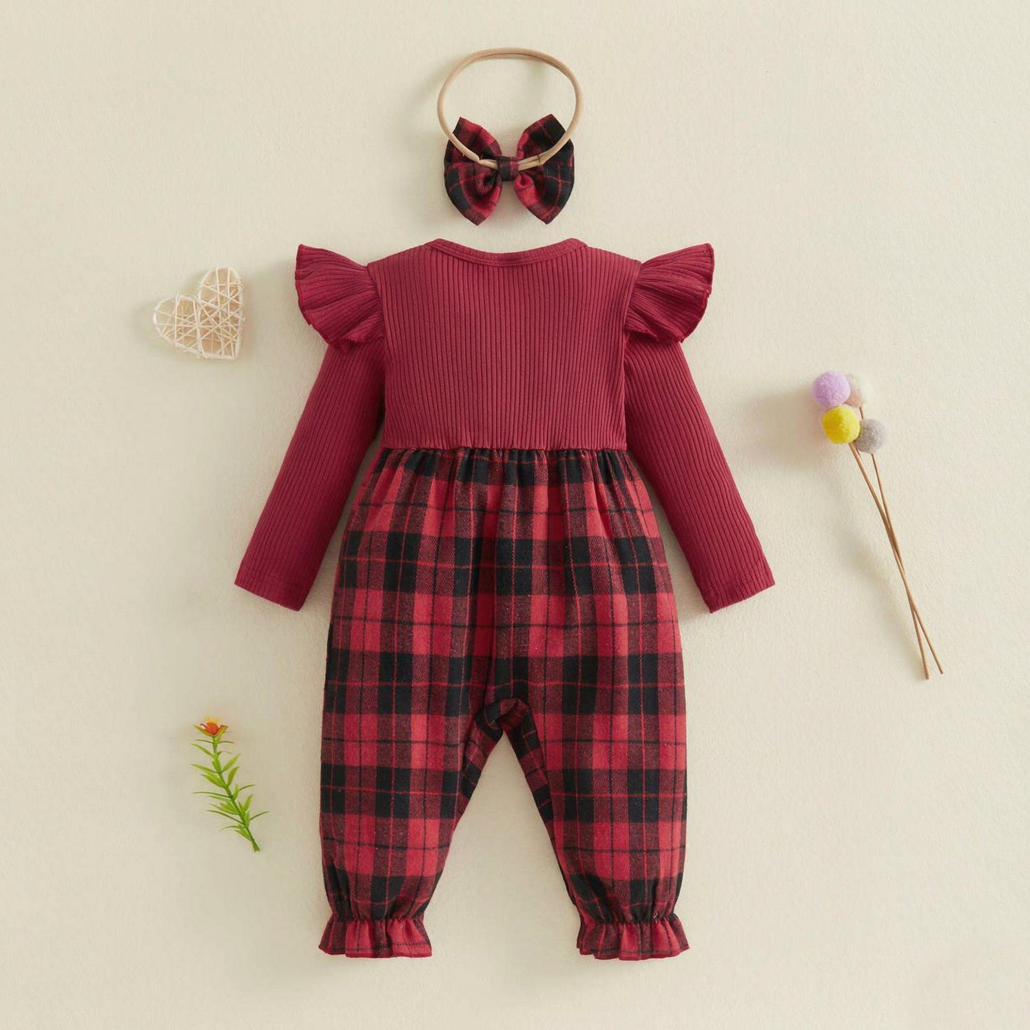 2PCS Precious Plaid Printed Bow Long Sleeve Baby Jumpsuit