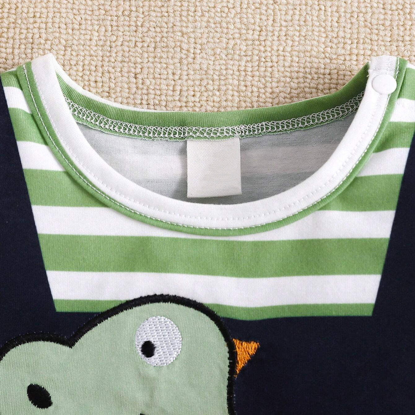 Cute Dinosaur Embroidery Patch Stripe Printed Baby Jumpsuit