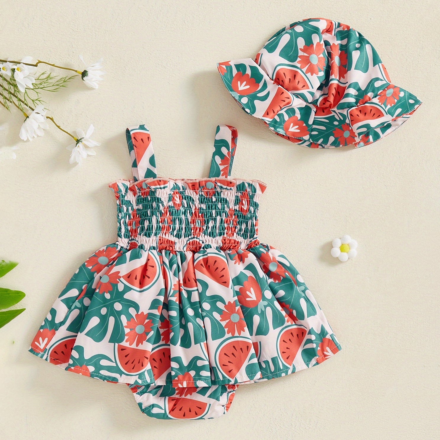 2PCS Lovely Watermelon Print Sleeveless Baby Romper