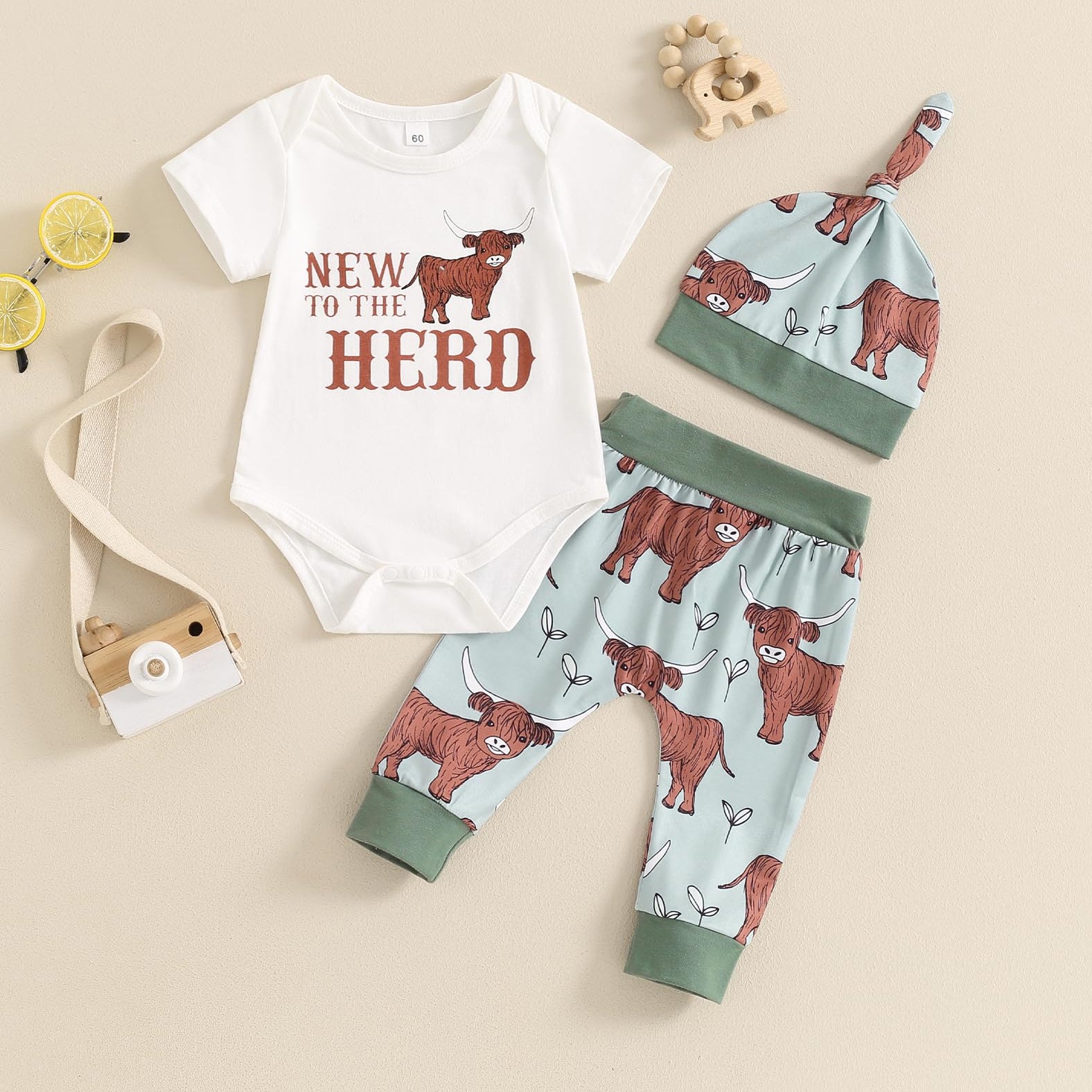 3PCS New To The Hero Letter Western Cow Printed Baby Set