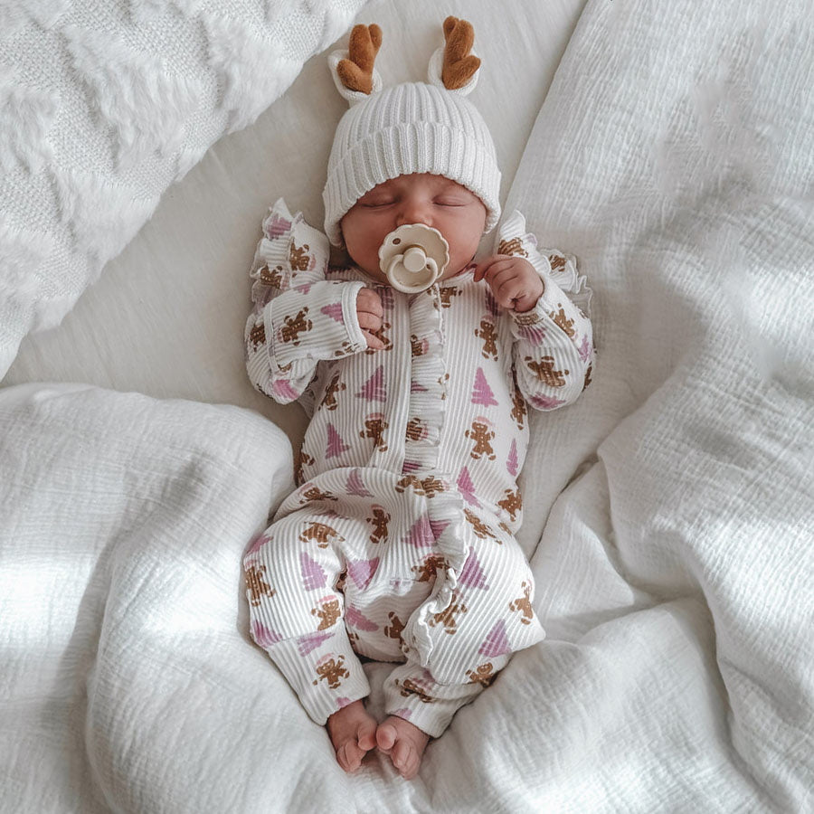 2PCS Gingerbread Print Ruffle Long Sleeve Baby Jumpsuit