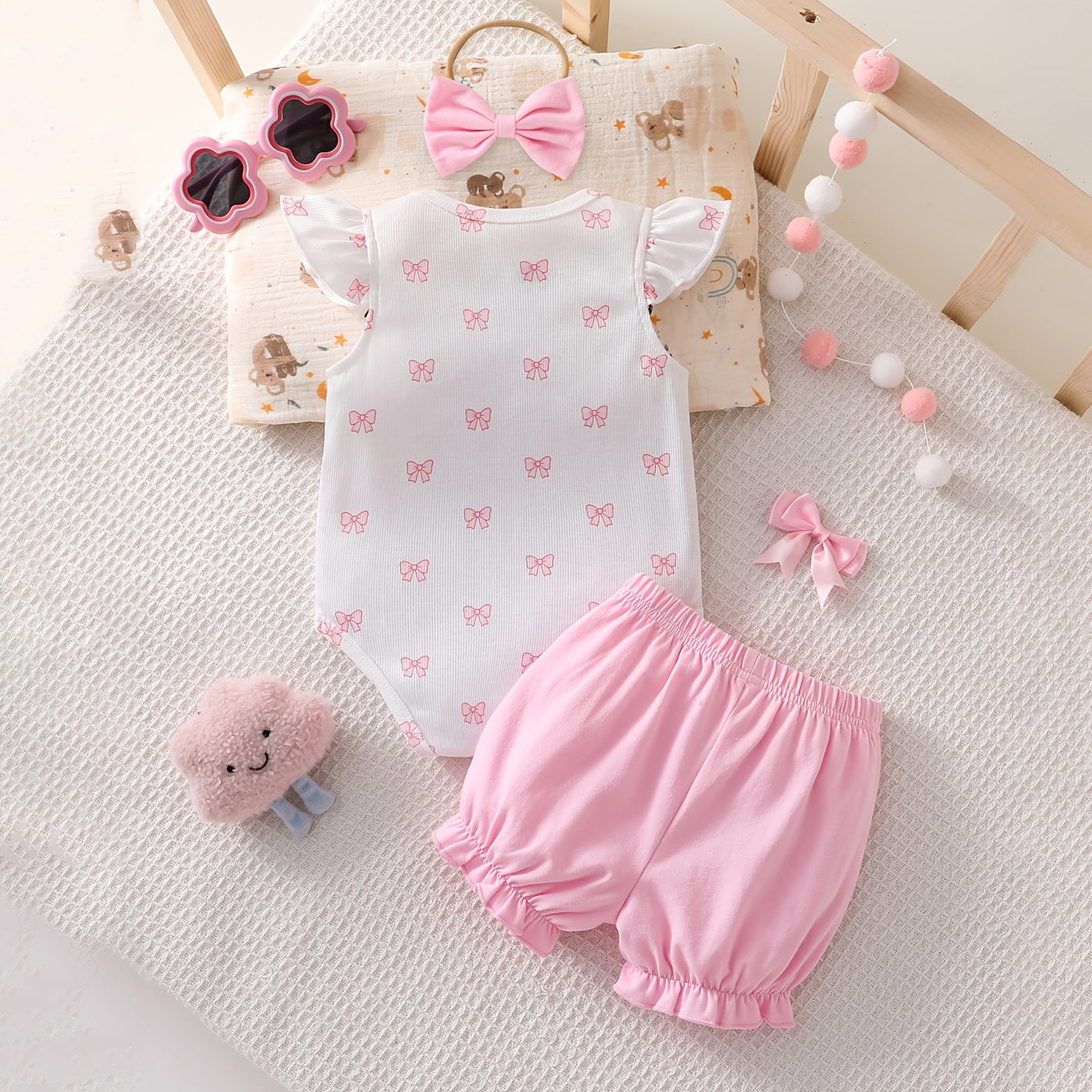 3PCS Charming Bow Print Flounce Sleeve Baby Set
