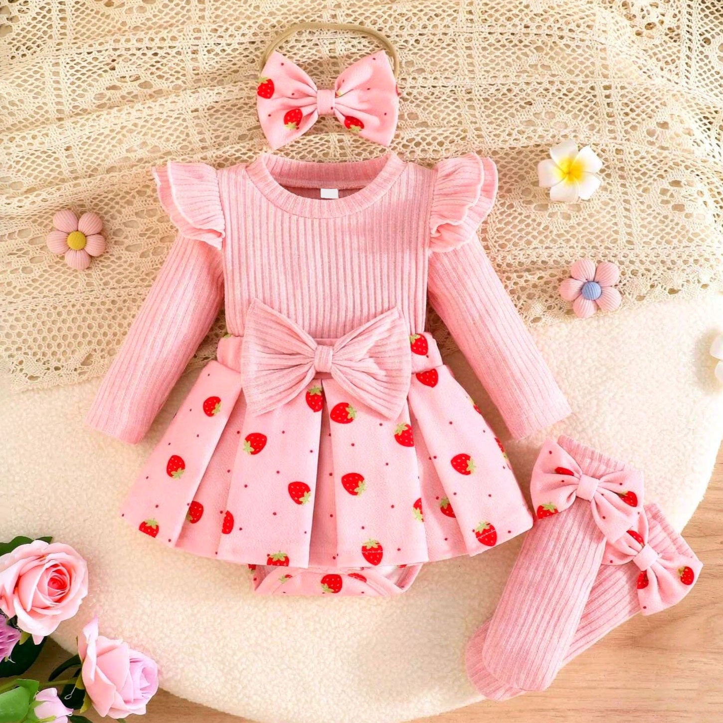 3PCS Chic Strawberry and Polka Dots Printed Long Sleeve Baby Romper