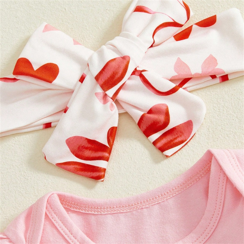 3PCS My First Valentine Letter Embroidery Bow Print Baby Set