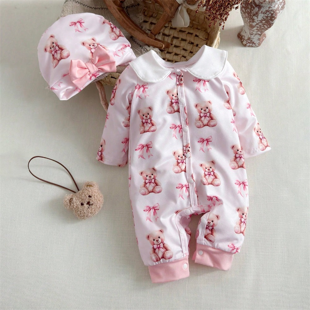 2PCS Lovely Bear Bow Print Long Sleeve Baby Jumpsuit