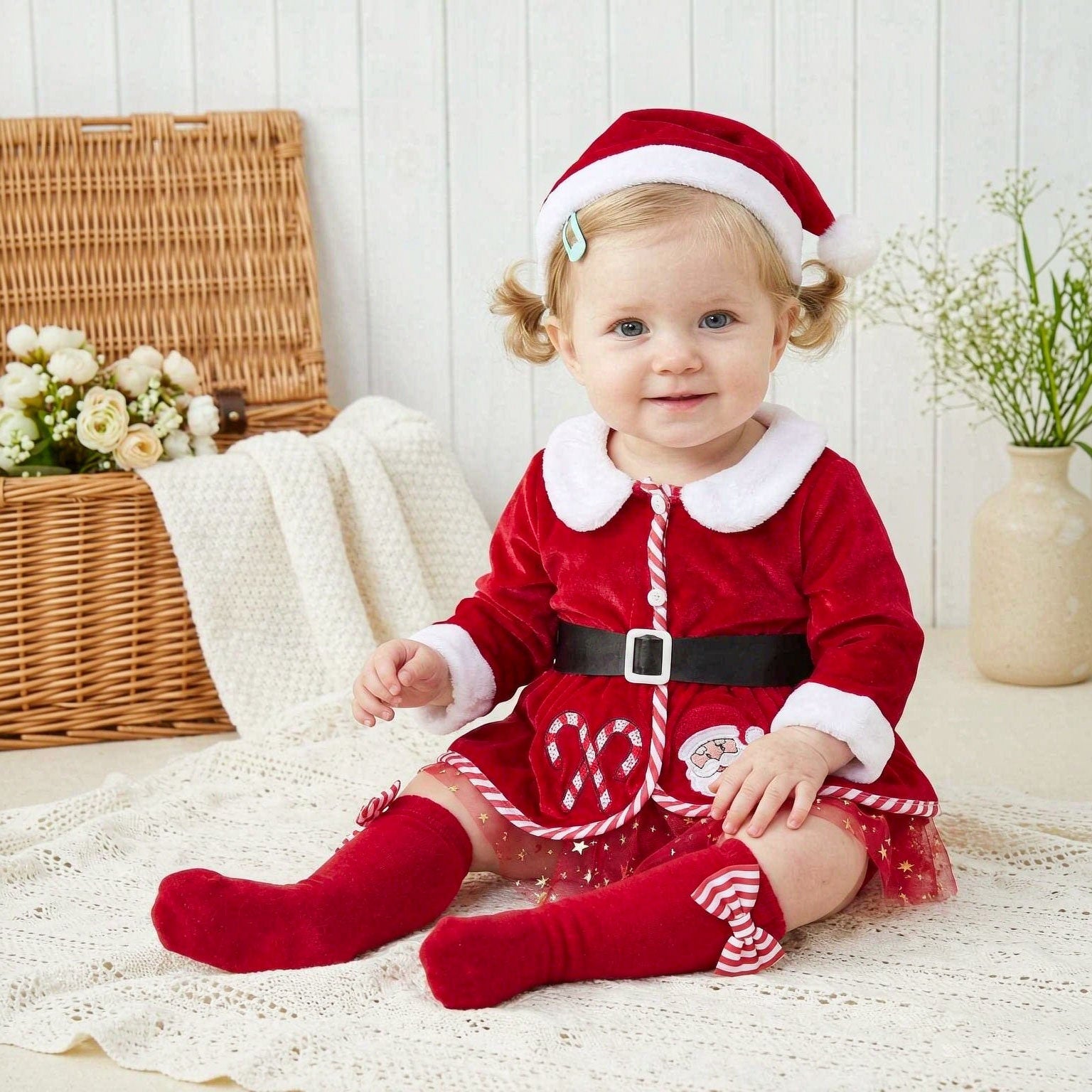 3PCS Christmas Santa Claus Printed Tulle Long Sleeve Baby Romper
