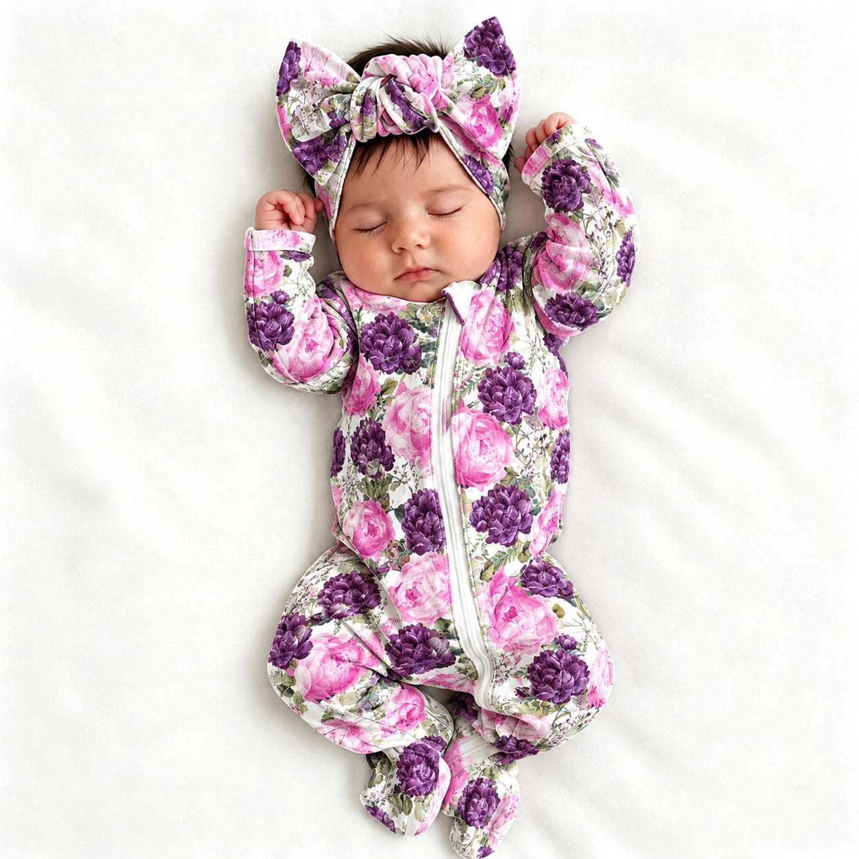 2PCS Dreamy Floral Printed Zipper Long Sleeve Baby Jumpsuit