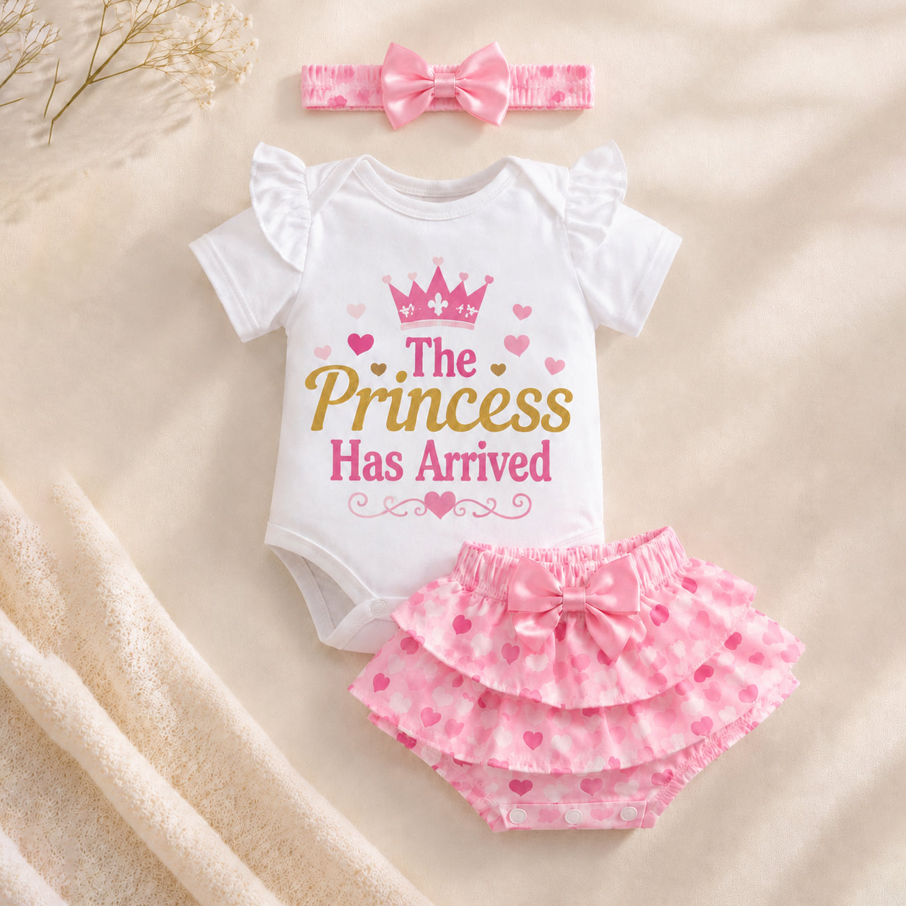 3PCS Pretty The Princess Letter Heart Printed Short Sleeve Baby Set