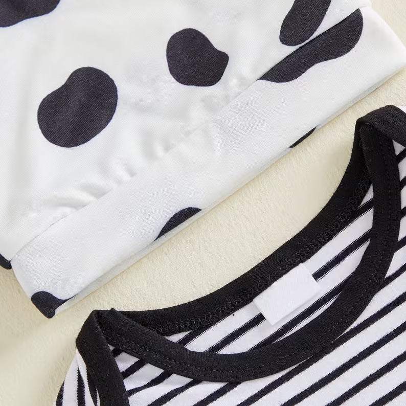 3PCS Cute Cow Applique Stripe Print Long Sleeve Overalls Baby Set