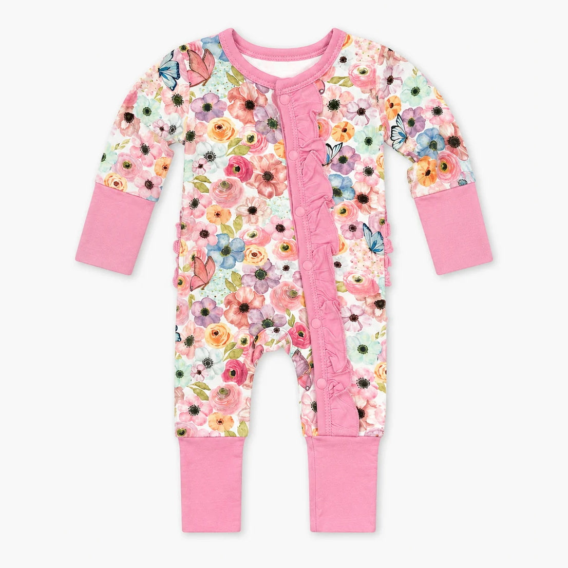 Pretty Floral Print Ruffle Long Sleeve Baby Girl Jumpsuit