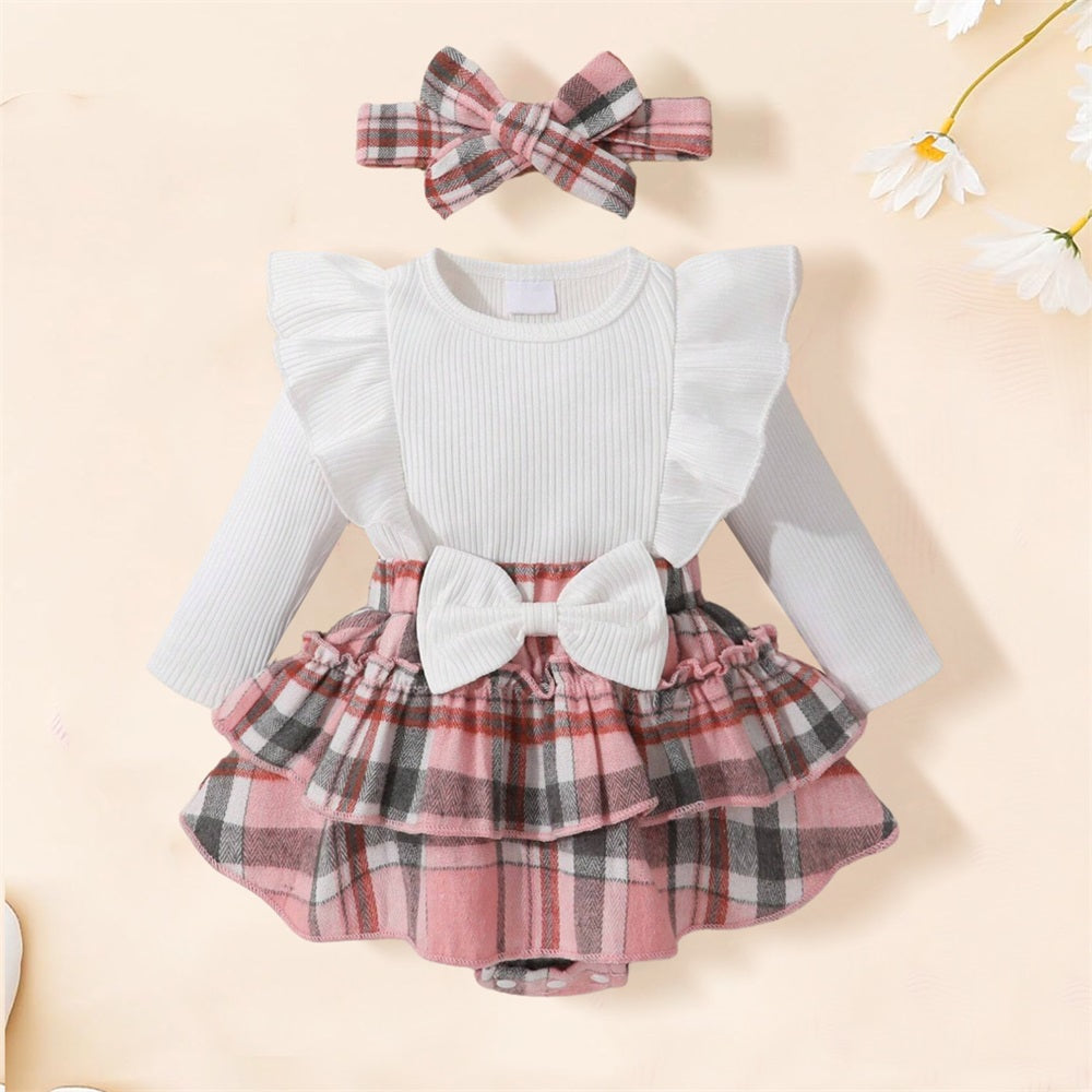 2PCS Stylish Plaid Print Ruffle Shoulder Long Sleeve Baby Romper