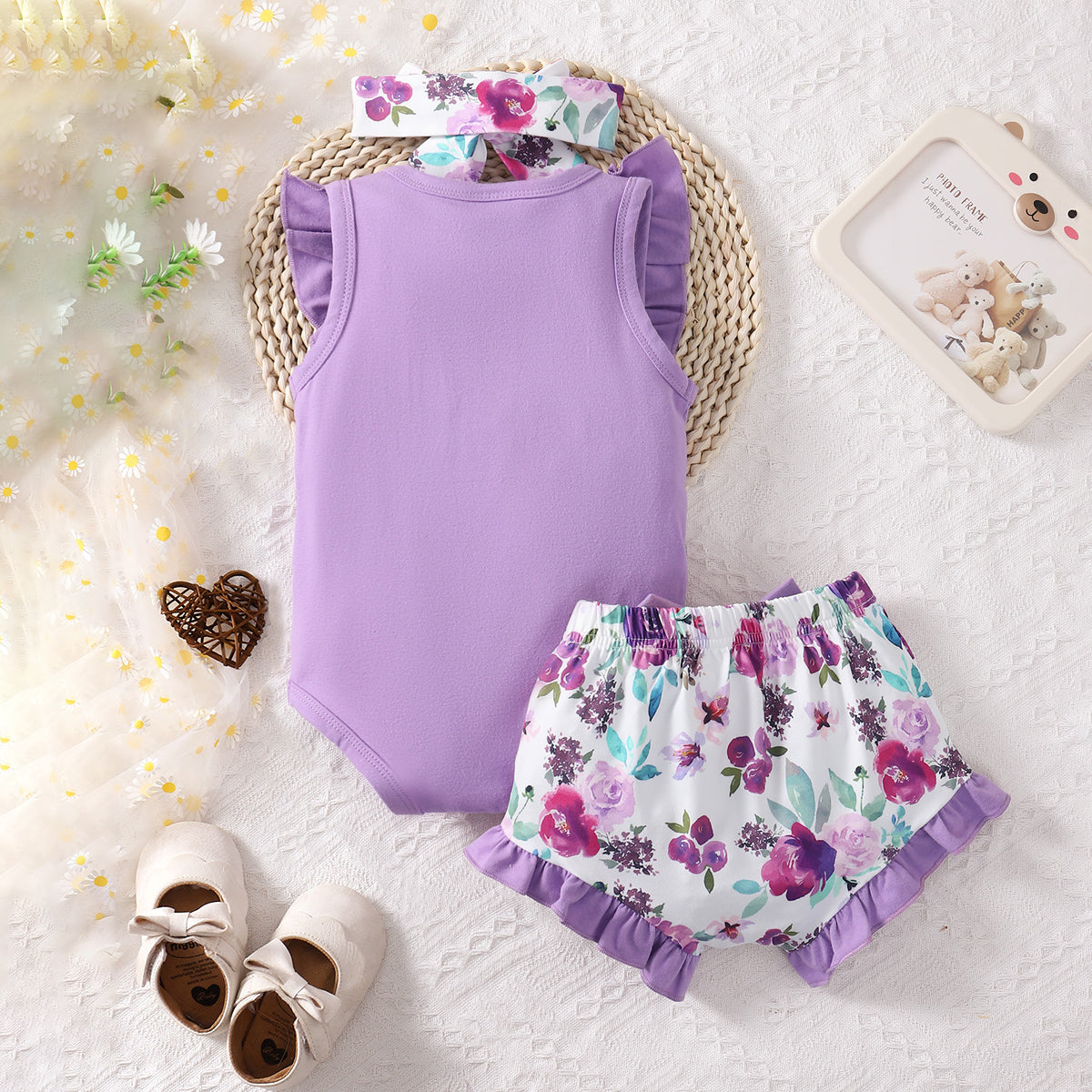 3PCS Chic Mama Is My Bestie Letter Floral Printed Baby Set