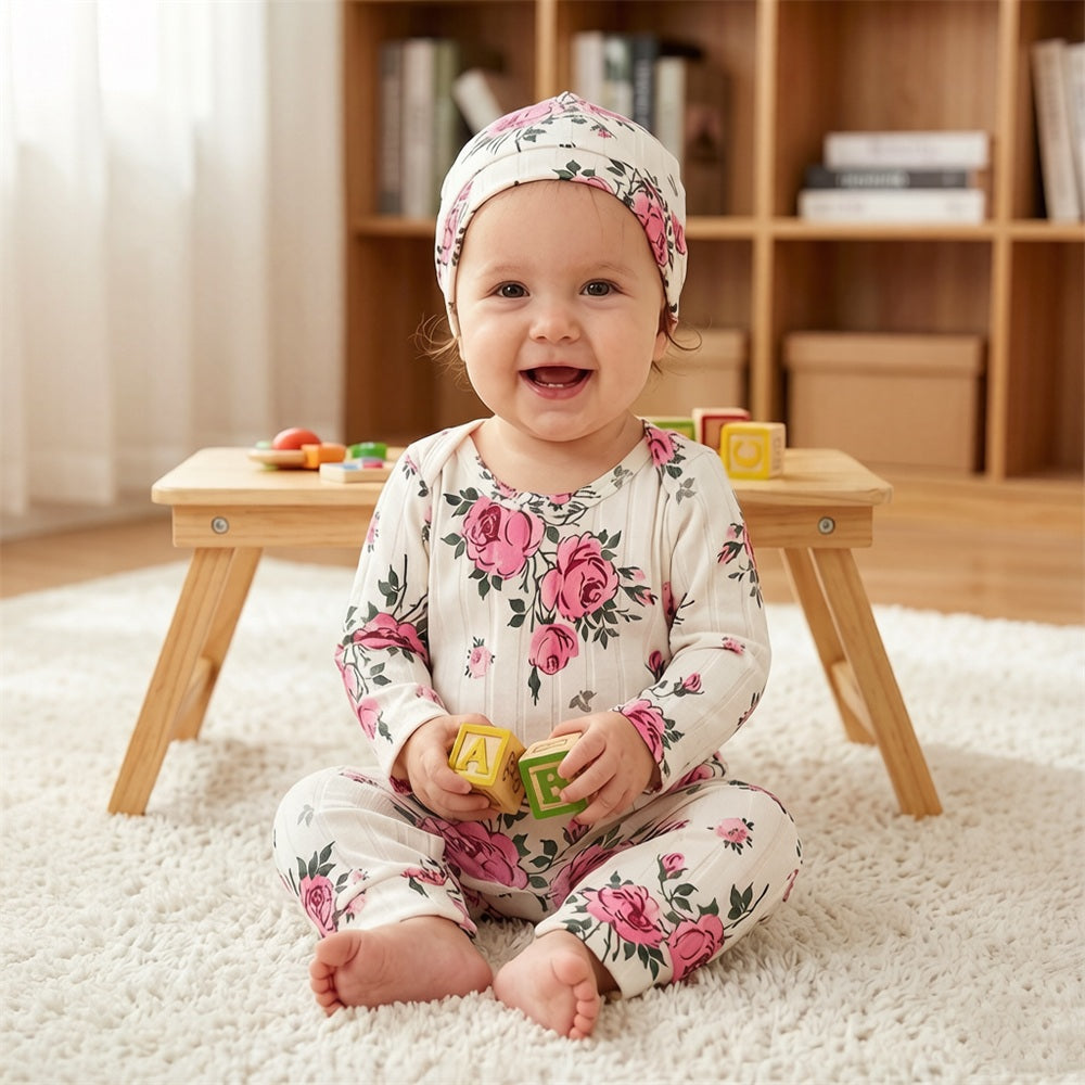 2PCS Classy Floral Printed Long Sleeve Baby Girl Jumpsuit