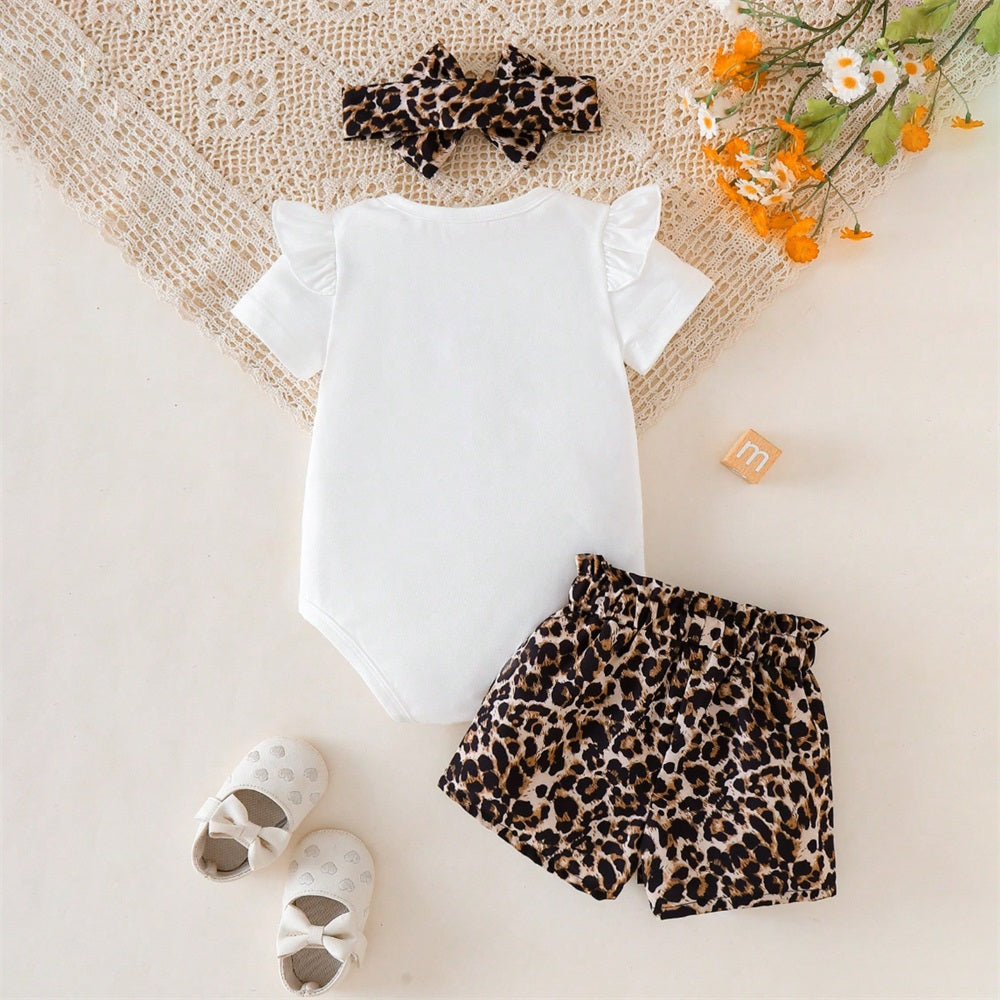 3PCS Mama's Little Girl Letter Printed Leopard Short Sleeve Baby Set