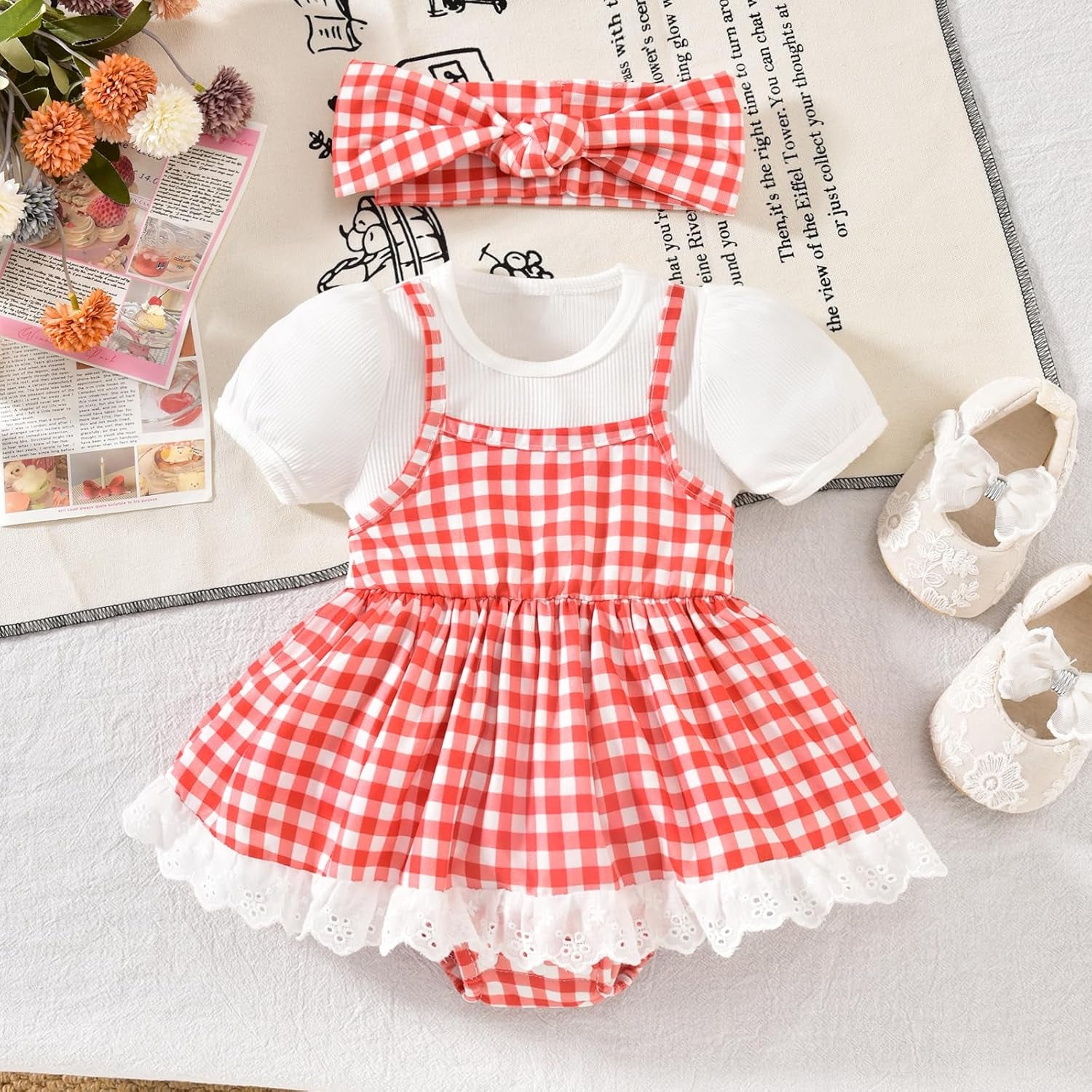 2PCS Cheerful Faux Layered Plaid Print Short Sleeve Baby Romper