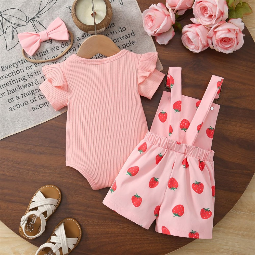 3PCS Cute Strawberry Printed Short Sleeve Baby Overalls Set