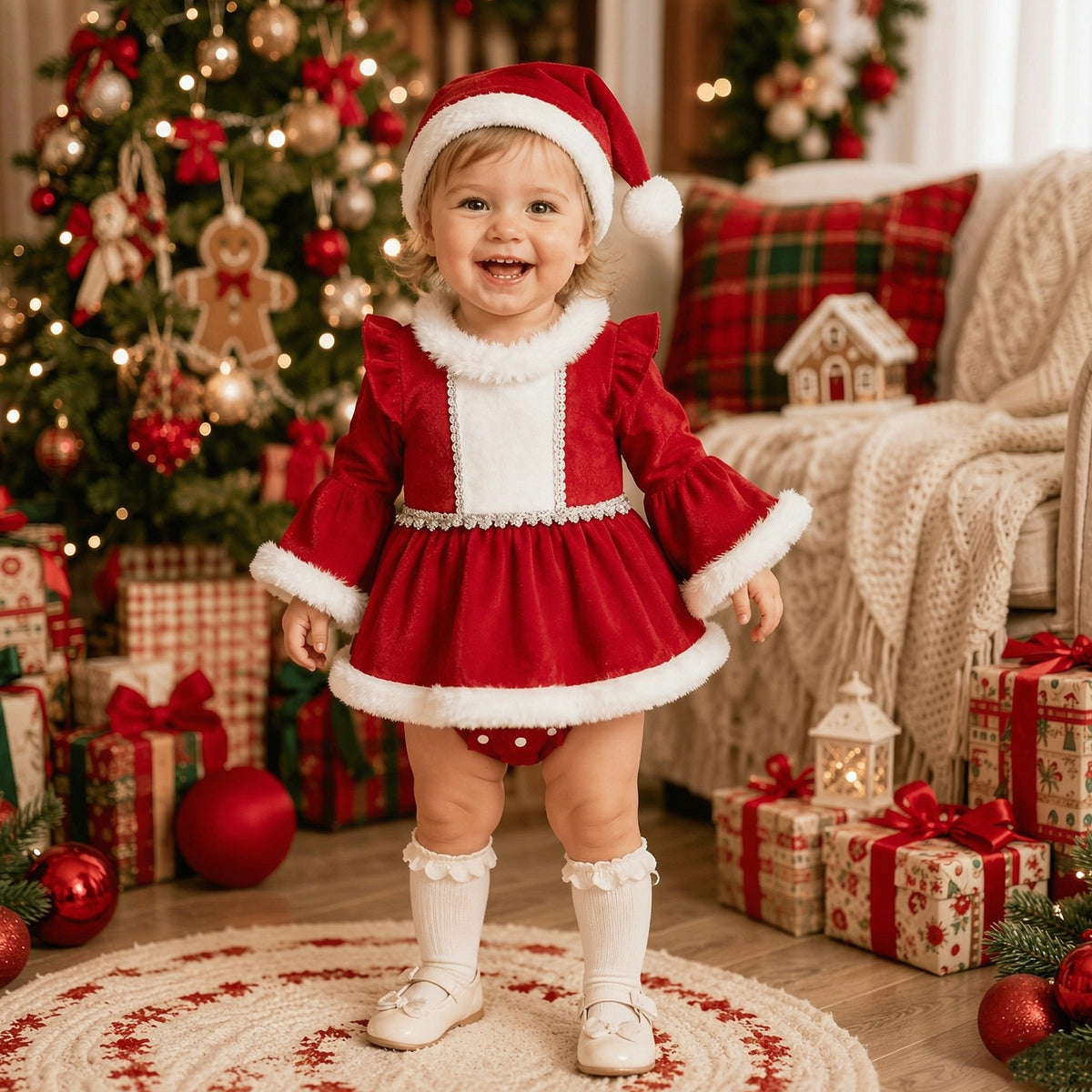 2PCS Chic Faux Fur Color Block Christmas Baby Girl Velvet Romper