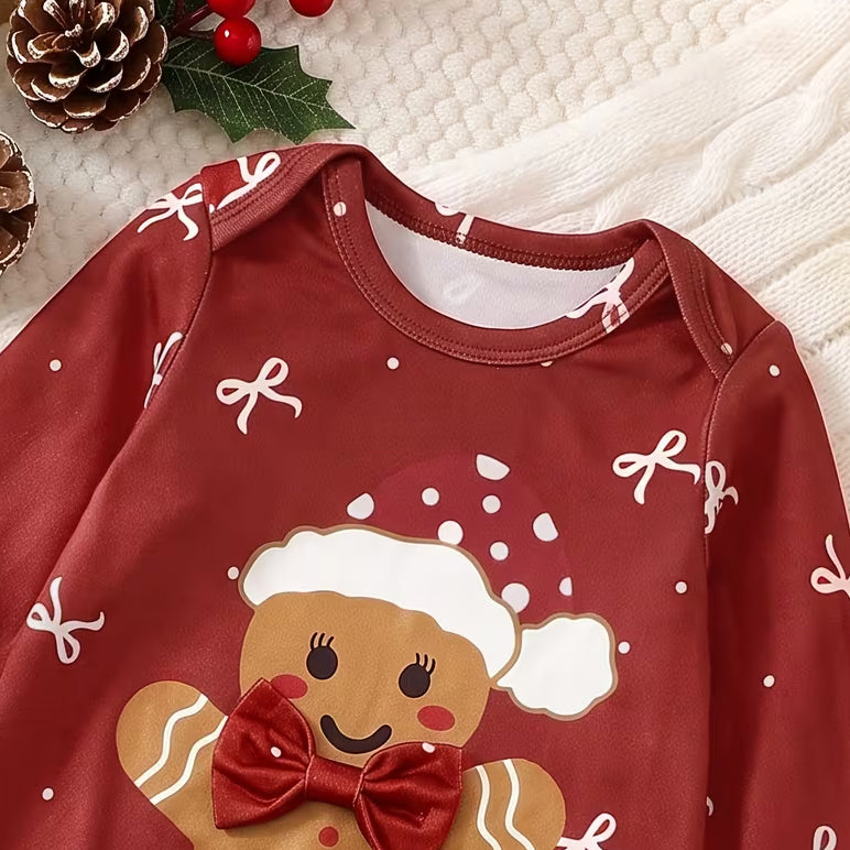 Lovely Gingerbread Man Bow Print Long Sleeve Baby Christmas Jumpsuit