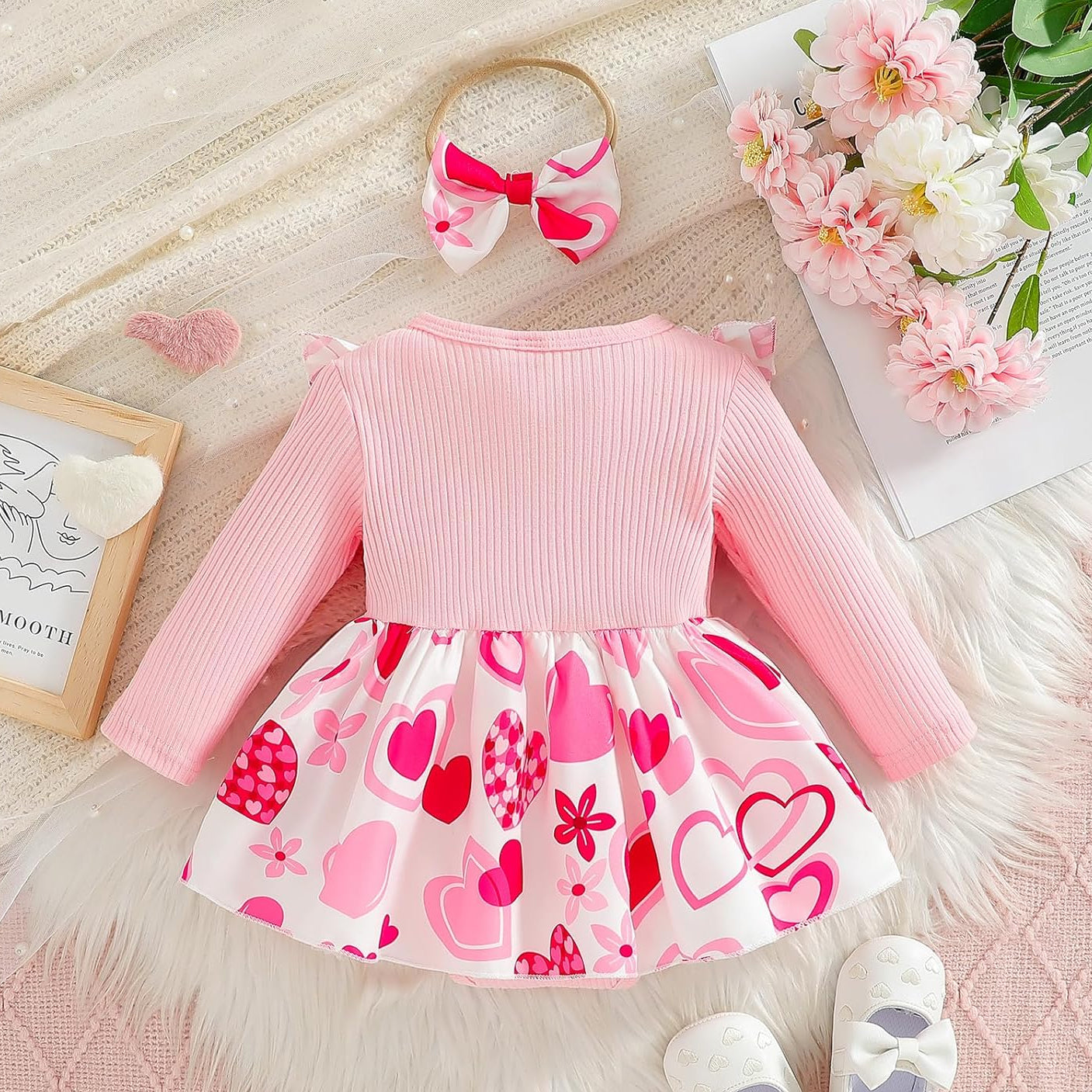 2PCS Cheerful Heart Printed Bow Baby Girl Romper