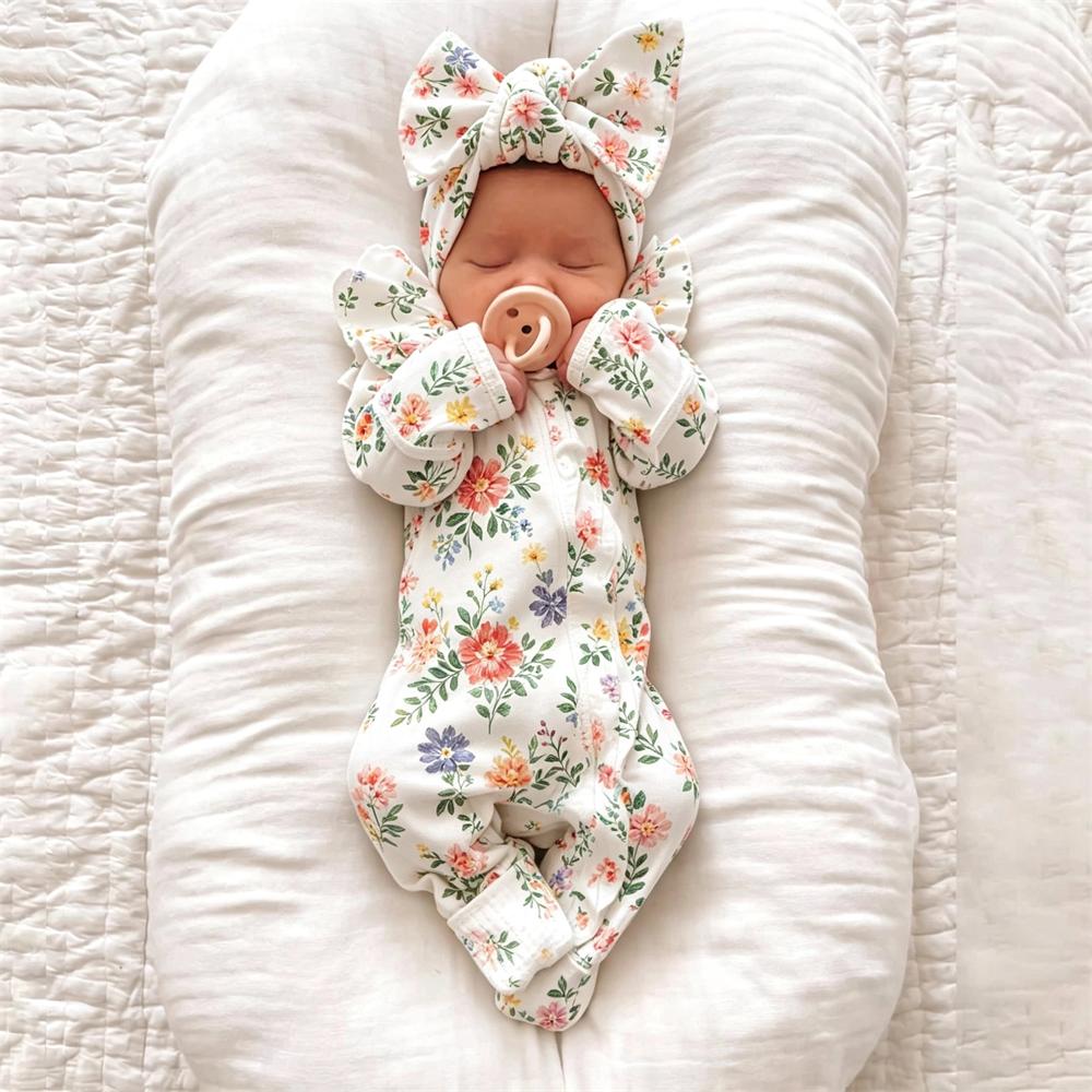 2PCS Pretty Floral Printed Zipper Long Sleeve Baby Jumpsuit
