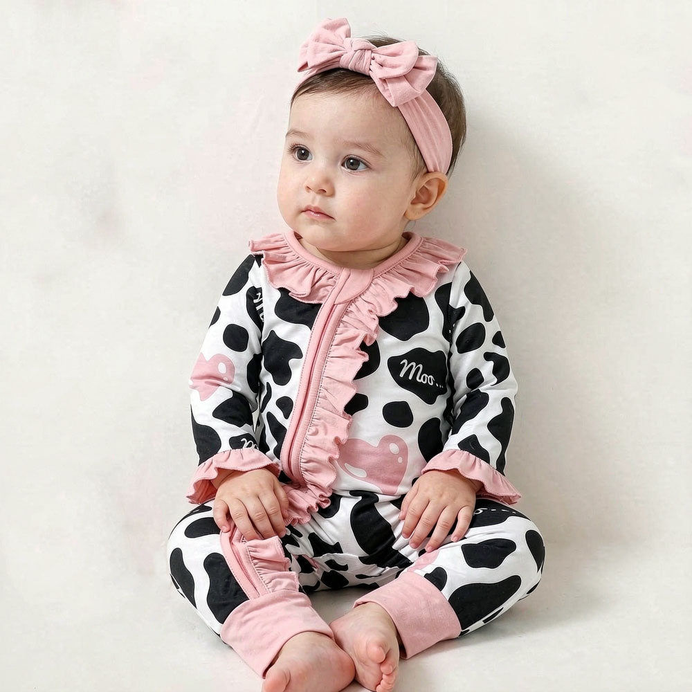 2PCS Cute Cow Print Long Sleeve Ruffle Zipper Baby Girl Jumpsuit