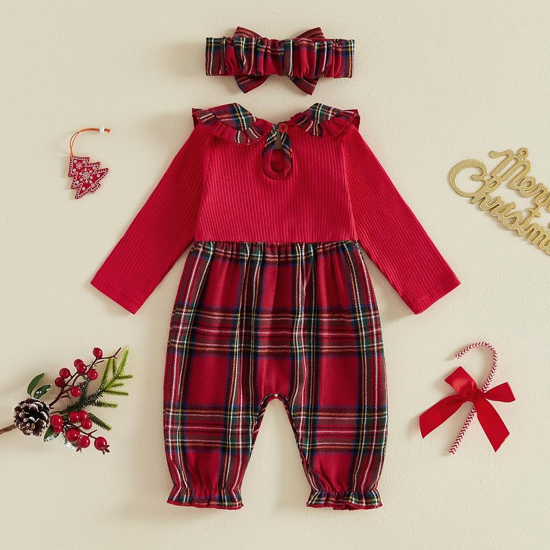 2PCS Cheerful Plaid Print Bow Long Sleeve Baby Girl Jumpsuit