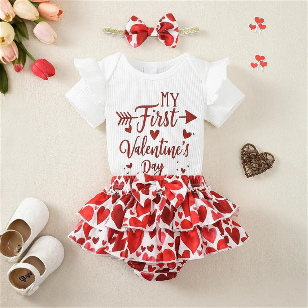 3PCS My First Valentine Letter Heart Print Short Sleeve Baby Set