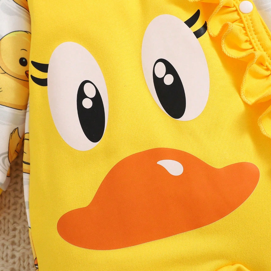 3PCS Little Yellow Duck Print Long Sleeve Baby Girl Jumpsuit