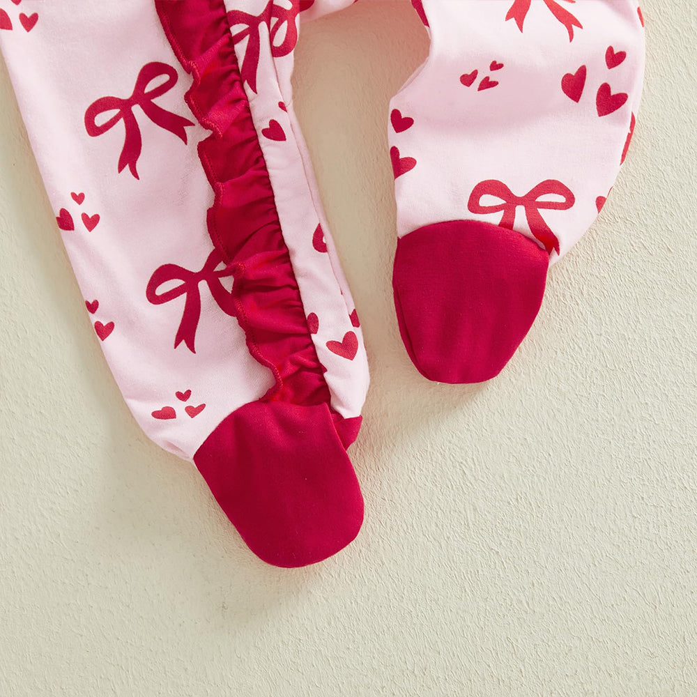 2PCS Lovely Christmas Bow Heart Printed Zipper Baby Jumpsuit