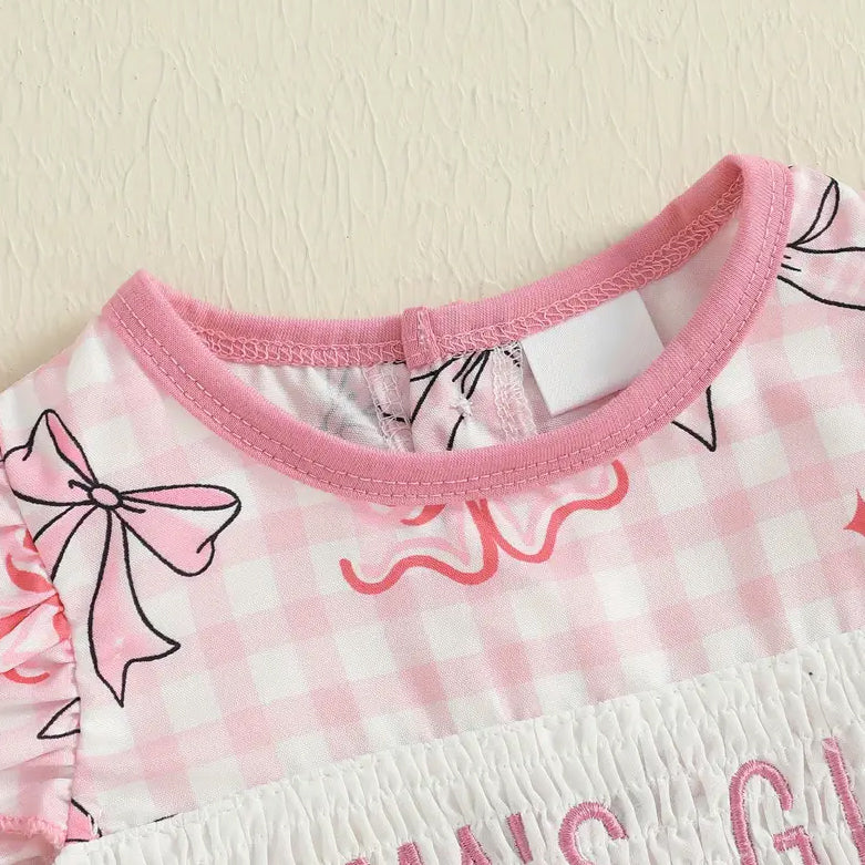 Bow Printed Plaid Letter Embroidery Smocked Baby Romper