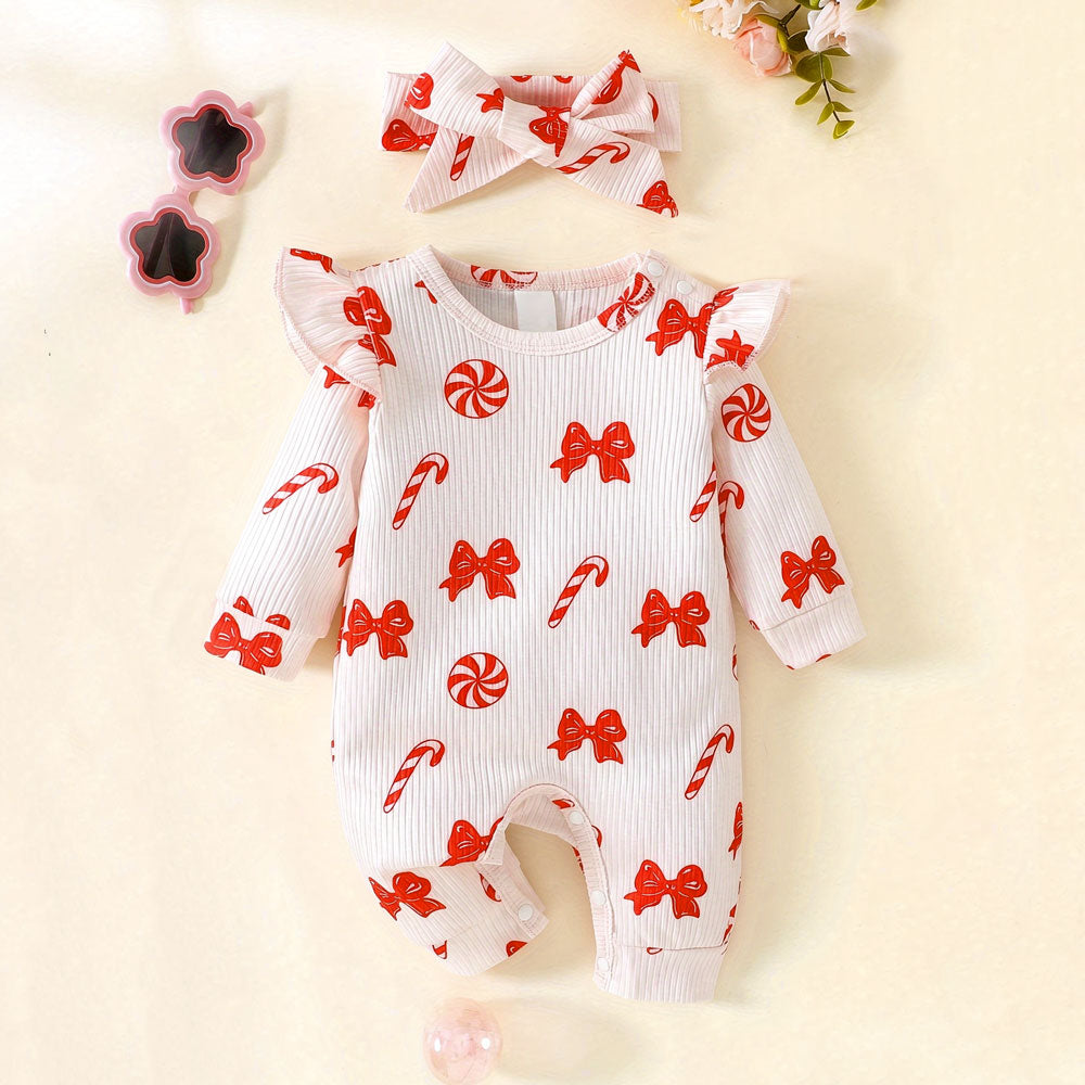 2PCS Lovely Christmas Bow Candy Cane Printed Baby Jumpsuit