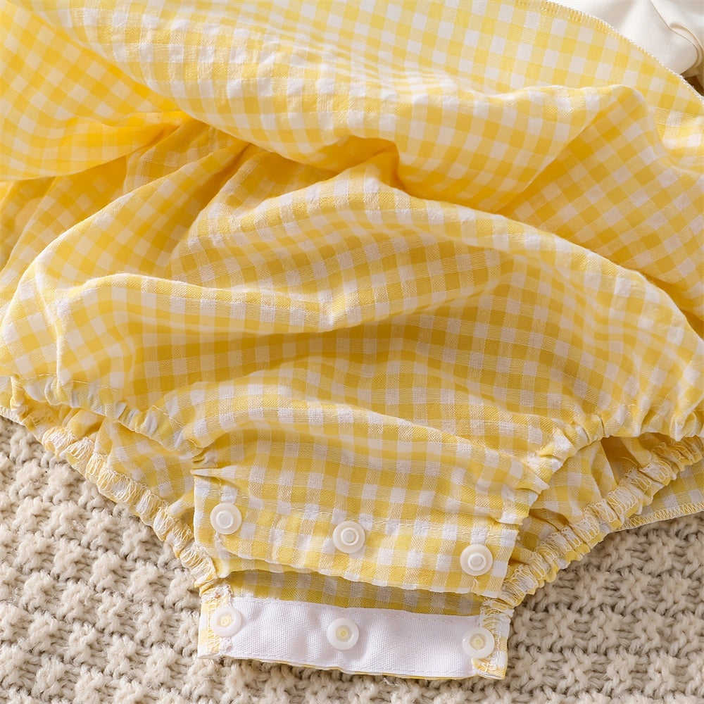 2PCS Grace Floral Embroidery Plaid Print Short Sleeve Baby Romper