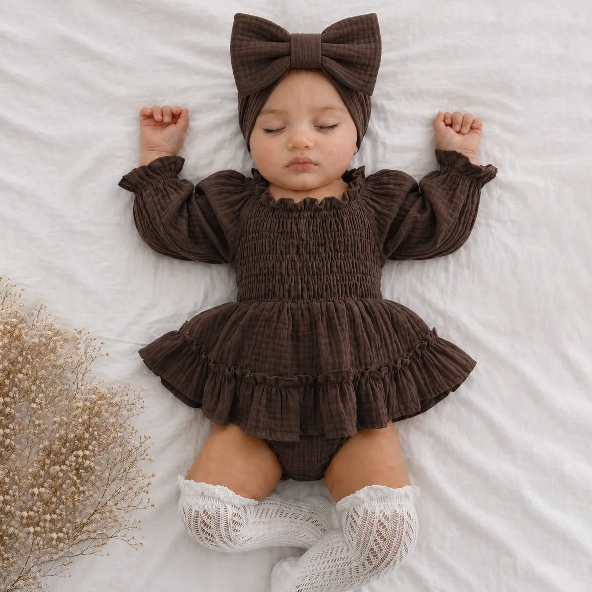 2PCS Casual Baby Girl Solid Color Ruffle Long Sleeve Romper